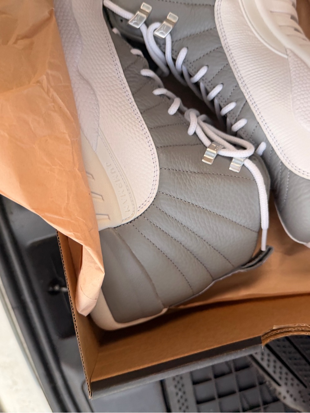 Men's Grey and White Jordan 12 Basketball Sneakers